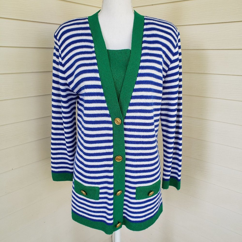 Vintage 80s Ami Knits Neiman Marcus Long Knit Button up Striped Cardigan Sweater